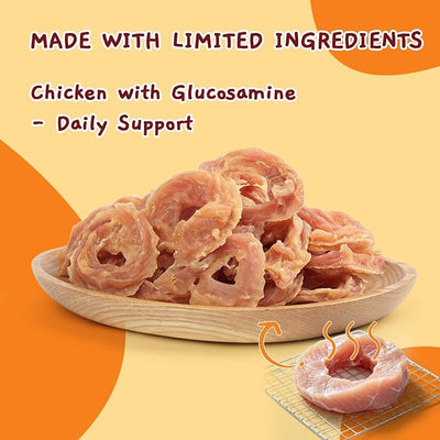 Jungle Calling 1.13 lb Chicken Jerky Rings Dog Treats – Rawhide Free Natural Chews for Hip & Joint Health with Glucosamine – High Protein Training Treats for Small Medium Large Dogs