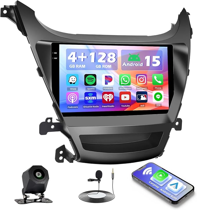 Hikity 4+128G Android 15 Car Stereo for Hyundai Elantra 2014-2016, 9” Touchscreen Radio with CarPlay, Android Auto, Bluetooth, GPS Navigation, WiFi, DSP, FM, RDS + AHD Backup Camera
