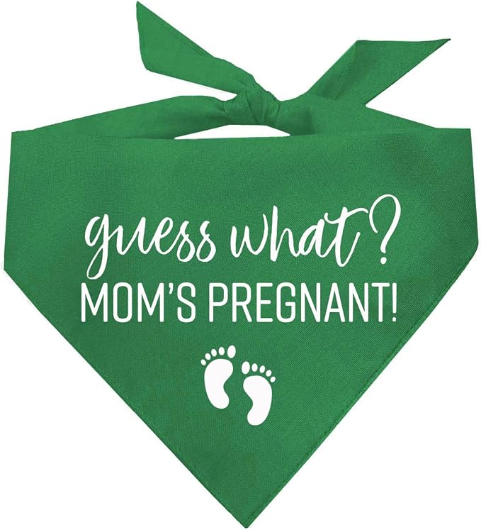 Guess What? Mom's Pregnant Dog Bandana | 100% Cotton Adjustable Triangle | Made in USA | New Baby | Pregnancy Announcement Photoshoot Prop | Gender Reveal | Kelly Green One Size (216)