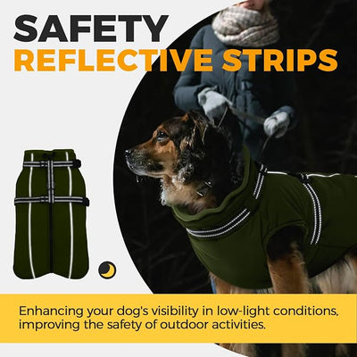 Lelepet Waterproof Dog Jacket with Harness Built in Warm Dog Winter Coat, Reflective Fleece Jacket, Dogs Coats for Lage Dogs, Thermal Pet Snowsuit for Outdoor Walking, French Bulldogs, Army Green, L