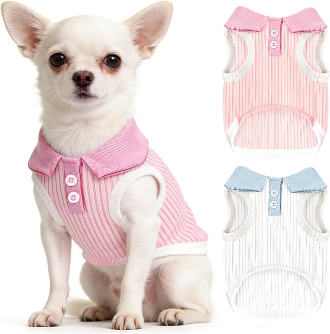 2 Pack Dog Tshirts for Small Dogs Polo Shirt Stretchy Dog T Shirt Breathable Dogs Cooling Vest Girl Boy Puppy Dachshund French Bulldog Frenchie Chihuahua Clothes (Pink & White,)