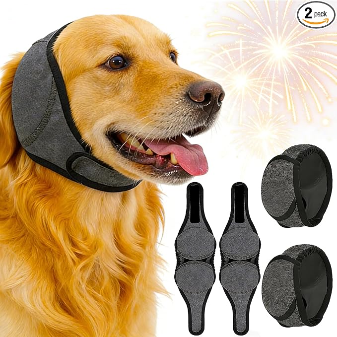 2 Pack Dog Ear Muffs Noise Protection Firework Thunder, Elastic Dog Ear Wrap with Sound-Blocking Rubber Pads Noise Cancelling Anxiety Relief, Calming Hood Dog Ear Cover Grooming Bathing & Swimming, L | Exchanges for Ill-fitting Sizes Available