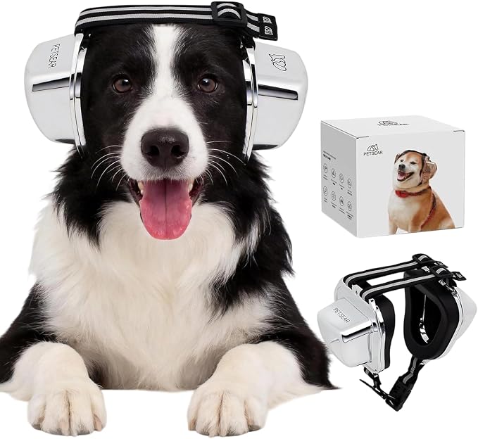 PETSEAR Dog Ear Muffs Noise Protection,Dog Headphones Noise Cancelling 29dB NRR with Magnetic Buckle & Electroplated Finish, Anti-Anxiety Earmuffs for Fireworks,Thunderstorms,Travel(Silver,XS)