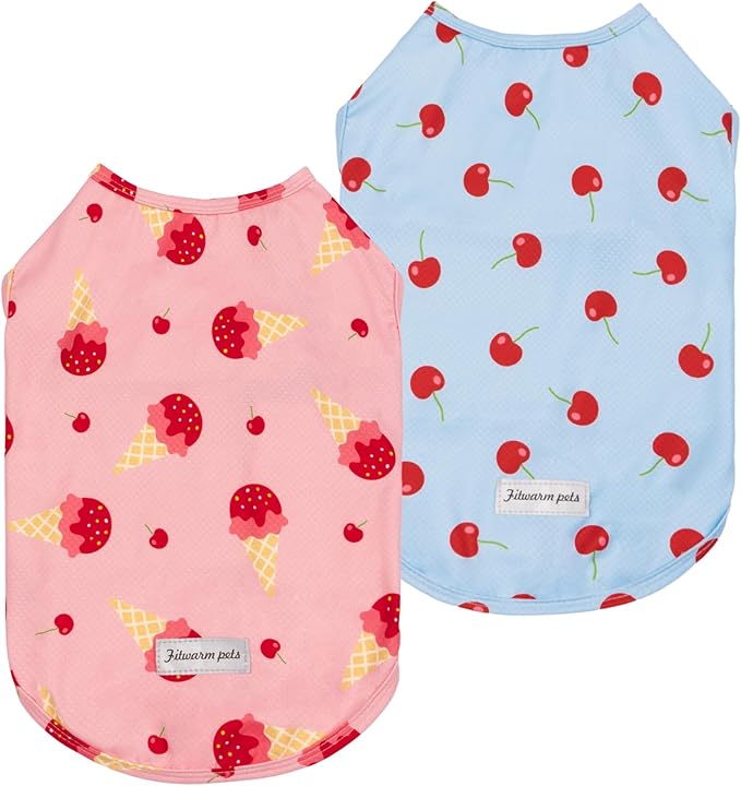 Fitwarm 2 Pack Ice Cream & Cherry UPF 50+ UV Sun Protection Dog Shirt, Lightweight Cooling Vest, Quick Dry Summer Clothes for Small Dogs Girl, Pet Outfit, Pink, Light Sky Blue, XS