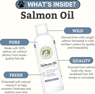 Wholistic Pet Organics Wild Alaskan Salmon Oil for Dogs and Cats - Omega 3 Fish Oil for Dogs & Cats - Cat & Dog Skin and Coat Supplement for Heart, Joints - DHA, EPA Omega 3 Liquid Food Topper - 4 oz