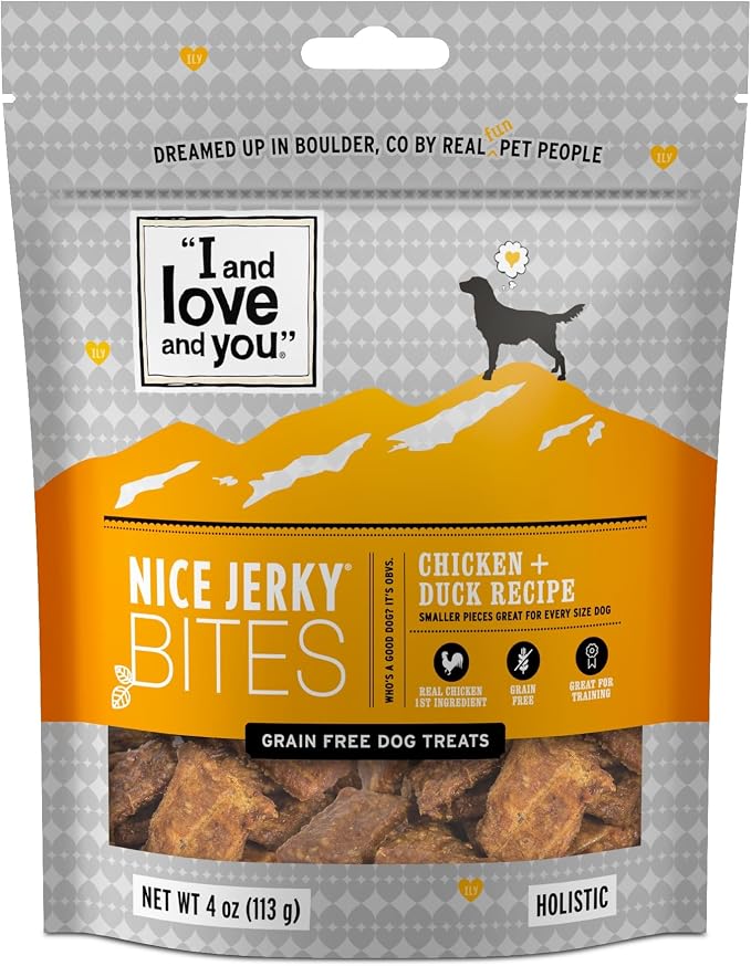 I AND LOVE AND YOU, Dog Treats Jerky Bites Chicken Duck, 4 Ounce