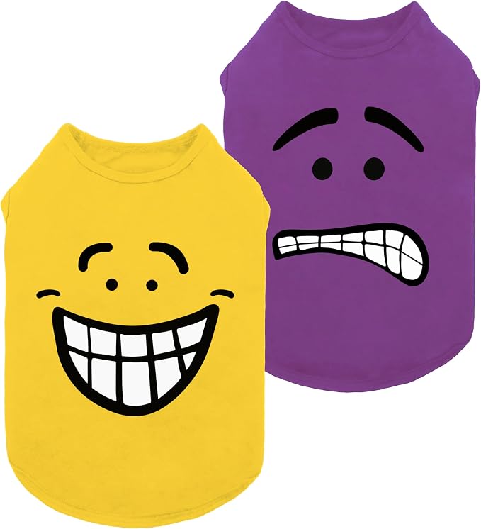 Fitwarm 2 Pack Happy Scary Expression Dog Shirt, Funny Clothes for Small Dogs Boy Girl, Pet Outfit, Yellow, Purple, Small