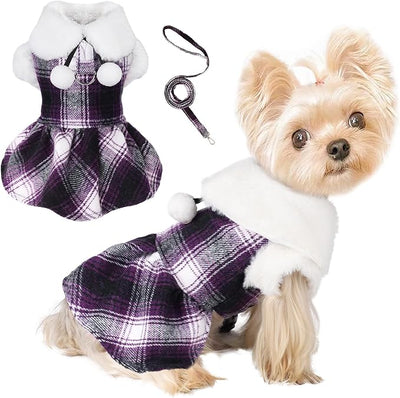 Dog Sweater with Leash Set Plaid Fleece Dog Clothes for Small Dogs Girl Boy Winter Pet Dress Cold Weather Coat Fall Sweater for Chihuahua Yorkie Cat Puppy Costumes (Purple, XX-Small)