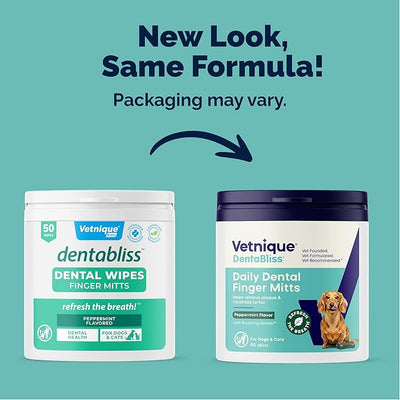 Vetnique Dentabliss Cat & Dog Teeth Cleaning Dental Wipes, Dog Toothbrush Alternative Finger Mitt Pet Wipes, Tartar & Breath Freshener, Vet Formulated Pet Dental Care, 50ct (Peppermint Flavored)
