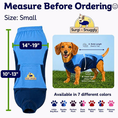 Surgi Snuggly Dog Surgery Recovery Suit - Dog Onesie for Post Surgery Recovery, Female Spay & Male Neuter - Surgical Suit for Dogs, E-Collar Cone Alternative, Double Blue - Small - 10" - 13" (EC)