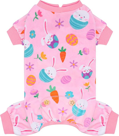 KYEESE Easter Dog Pajamas, Soft Dog Pajamas for Small Dogs Girl, Stretchy Dogs Pjs Velvet Pet Jumpsuit with Eggs & Bunny Pattern, Comfy Lightweight Pet Outfit, Pink, M