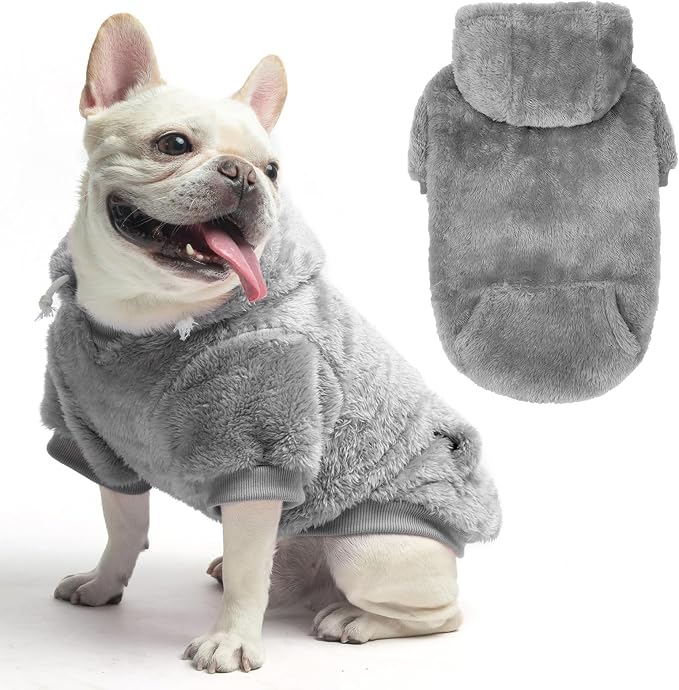 SCENEREAL Fleece Dog Sweaters Hoodie for Small Medium Large Dogs Girls Boys, Plush Fuzzy Dog Clothes Hoodies with Leash Hole, Winter/Fall Puppy Cold Weather Coat, Sherpa Hooded Sweatshirt, Grey M