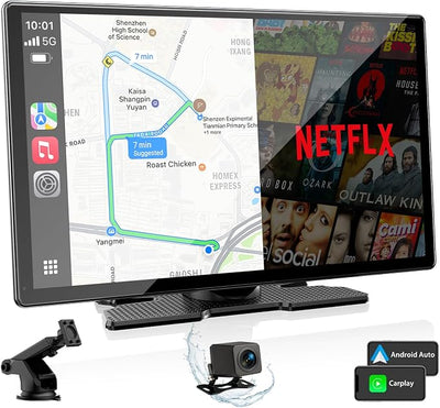 Volam 9'' Carplay Screen with Net-Flix YouTube and 1080P Backup Camera Upgraded Android Auto Screen Portable AI Magic Video Box Built-in Apps Voice Control Car GPS for iOS 10+ Android 11+