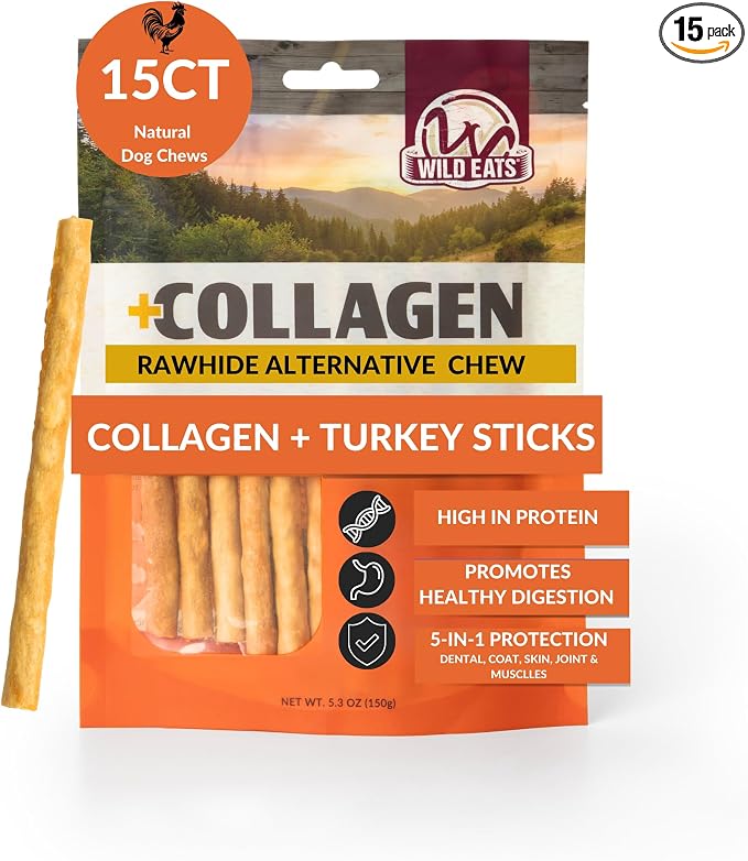 Wild Eats Turkey Collagen Sticks for Dogs (15 Pack, 1 cm Wide) Long Lasting Dog Chews No Hide Dog Treat Bully Stick Alternative, Rawhide Free, Grain Free, High Protein