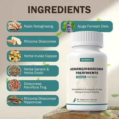 Blood Support for Dogs, Yunnan Sanqi Capsules for Dogs for Hemangiosarcoma, Hemoabdomen, Pericardial Effusion, Cancer Bleeding, Severe Bruising, Ulcer-Related Bleeding, Bloody Stools - 60 Capsules