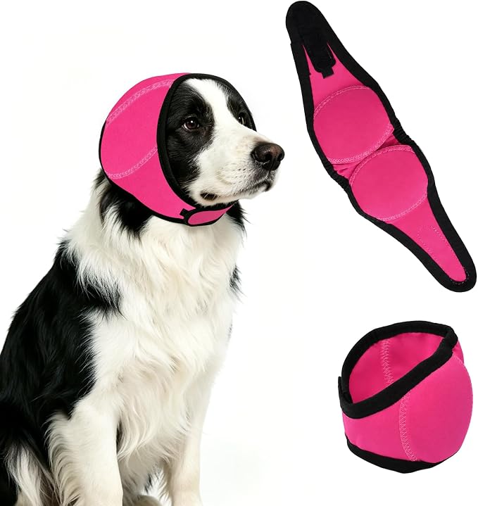 Upgraded Dog Ear Muffs for Noise Protection & Anxiety Relief, Adjustable No Shake Ear Wrap for Firework, Hematoma, Bathing, Swim, Grooming and Force Drying (Fuchsia, M(Head Size:14"-19"))