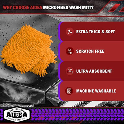 AIDEA Car Wash Mitt Microfiber, 1PK, Car Wash Brush, 7.12''X10.14'' | Scratch Free Lint-Free, Premium Chenille Microfiber Mitt, Regular Size, Orange