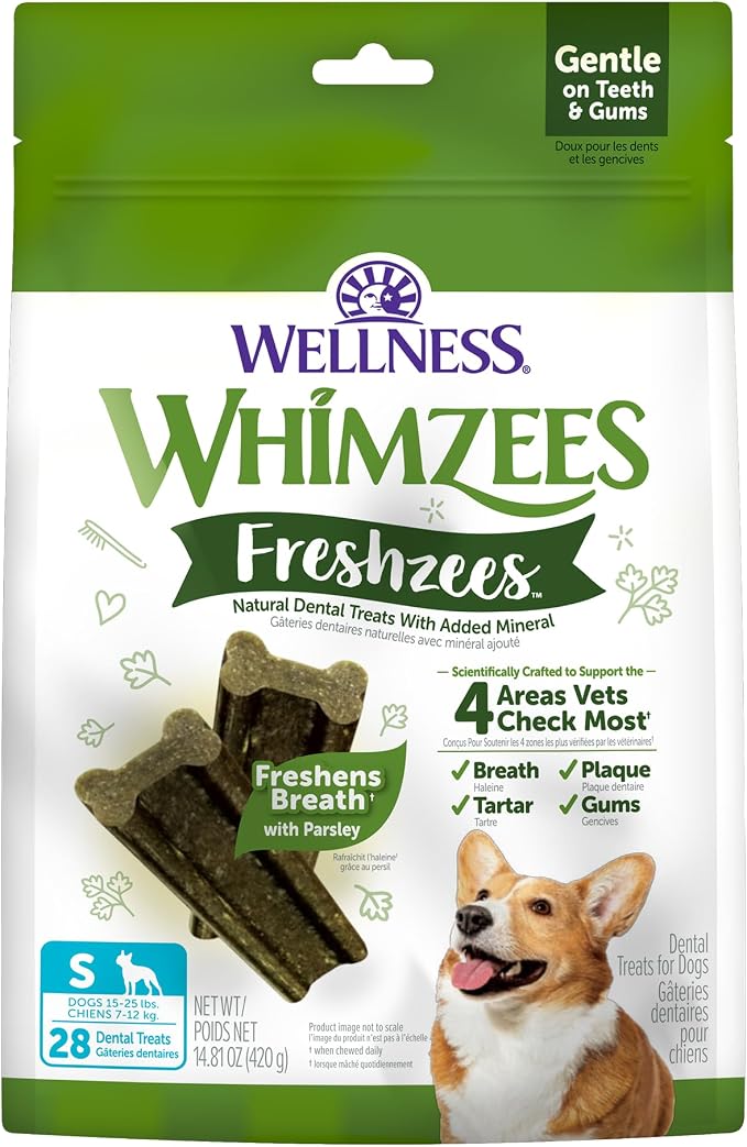 Wellness WHIMZEES Freshzees Natural Dog Dental Treat, Soft Chews, Freshens Breath, Small Size, 14.81 oz Bag, 28 Count