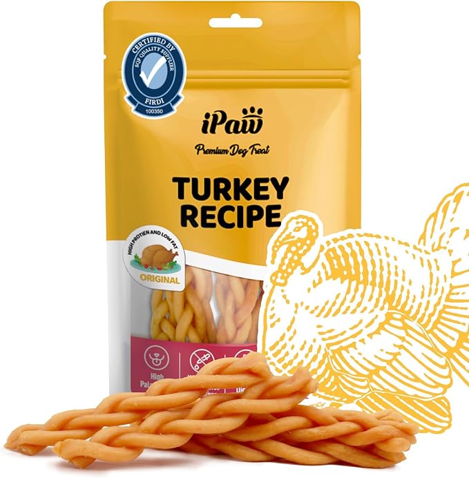 iPaw Turkey Dog Treats, SQF Certified Human Grade Dog Treat, Suitable for Training Chew, Hypoallergenic, Rawhide Alternative, Braided Stick (Oringinal Flavor)