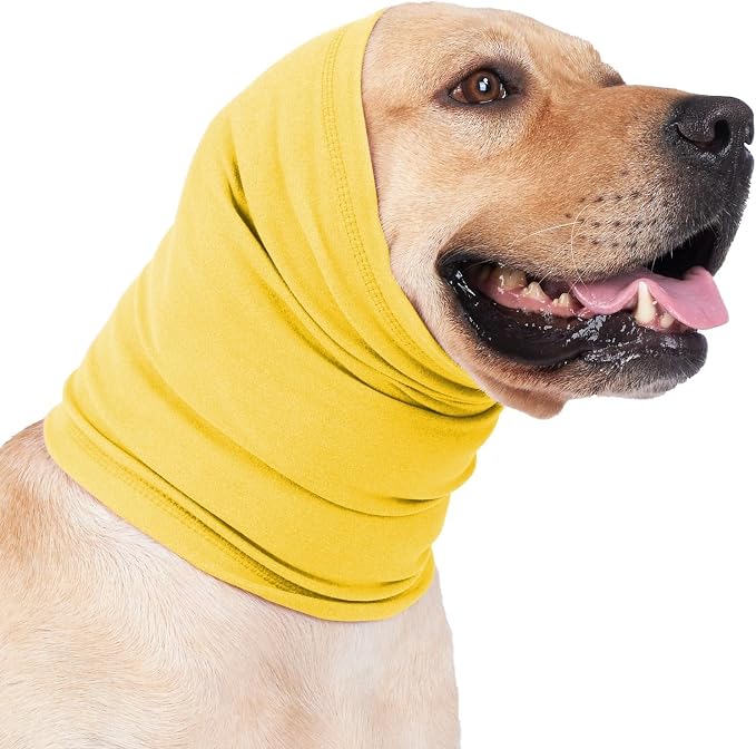 No Shake Ear Wraps for Dogs,Soft Dog Calming Hoodie Dog Ear Cover Ear Muffs for Anxiety,Grooming,Bathing,Swim,Noise Protection Quiet Ear for Dogs,Yellow L
