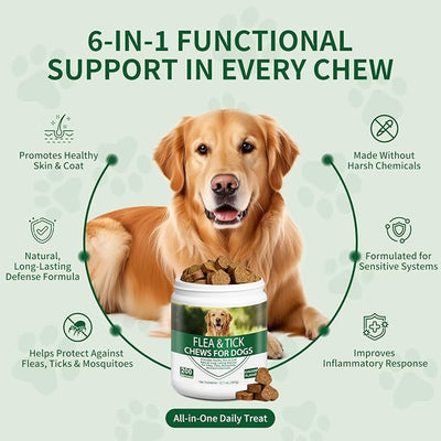Flea and Tick Chewable for Dogs 200ct - Dog Flea and Tick Supports, Natural Yeast Omega 3 for Skin Coat & Itching Relief, Immune Support, Oral Supplement for All Breeds & Ages
