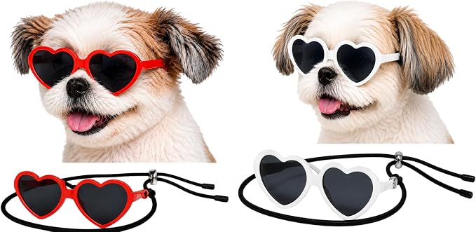 G016-1 Dog Pet Heart Costume Sunglasses for Small to Medium Breed (Up to 15 lbs, 2-Pack Heart Red + Heart White)