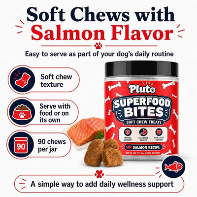 Pluto Superfood Softchew for Dogs, Immune Support Digestive Health Skin & COATSUPPORT Hip and Joint Supplement for Dogs Salmon Flavor 90 Chews (2 PCS)