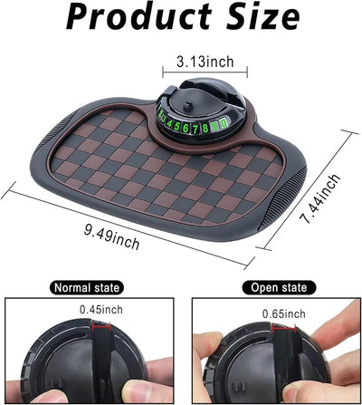 Multifunctional Car Anti Slip Mat, 360° Rotatable Phone Holder Dashboard Pad with Temporary Parking Number, Anti Skid Organizer for Phones Sunglasses Keys (Black & Brown)