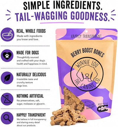 Winnie Lou Organic Dog Treats – Natural Dog Biscuits, USA Made, Organic Ingredients, Clean, Sensative Stomach, All Breed Sizes, High Protein, Hypoallergenic, Berry Boost Bones (Pack of 2)