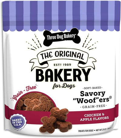 Three Dog Bakery Grain-Free Savory Woof ers in Chicken & Apple - Low Fat Dog Treats, Chicken & Apple Flavored Puppy Training Treats, Cookies for Dog Training Treats