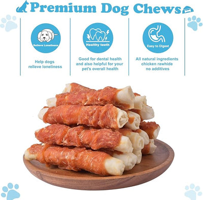 Chicken Wrapped Puffed Rawhide Rolls Dog Sticks Treats, 8 oz | Savory poultry wrap; firm chew texture; 65% protein; low-fat recipe; indoor boredom-busting snack