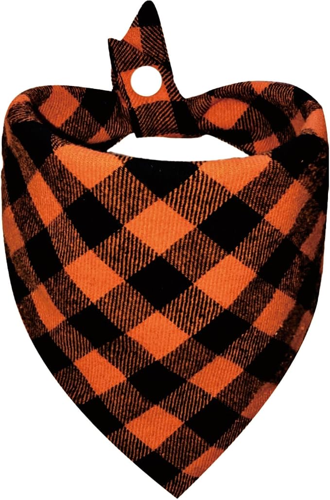 Orange & Black lattices Pet Dog Bandana Triangle Bibs Scarf, Dual Layer Scarf with Button Double-Cotton Plaid Printing Kerchief Set Accessories for Boy and Girl Dog (Large)