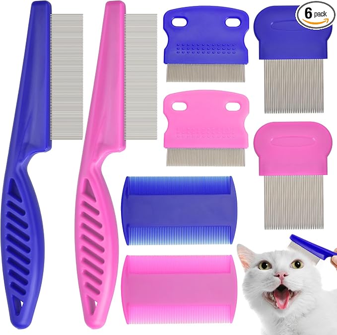 Flea Comb for Cats Dogs, 8 Pack Flea and Lice Grooming Comb Set for Cats, Pet Grooming Tools for Small, Medium & Large Pets (Pink & Blue)