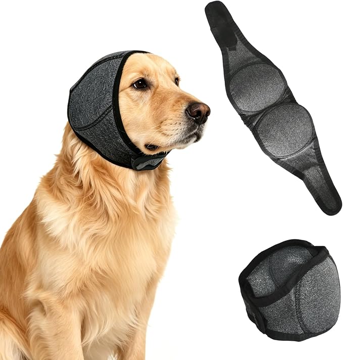 Upgraded Dog Ear Muffs for Noise Protection & Anxiety Relief, Adjustable No Shake Ear Wrap for Firework, Hematoma, Bathing, Swim, Grooming and Force Drying (Gray, L(Head Size:18"-24"))