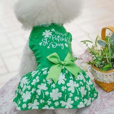 CuteBone St.Patrick's Day Dog Green Dress Velvet for Small Dogs Girl Puppy Dresses Clover Dog Clothes