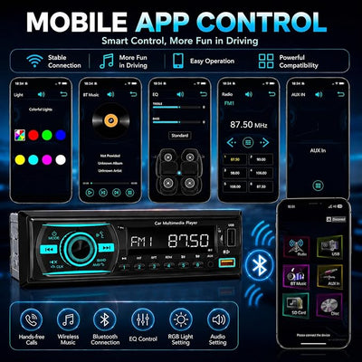 Single Din Radio Car Stereo Bluetooth,Radio Head Unit with FM/Dual USB/AUX/TF/EQ/MP3/RCA,12V Bluetooth Car Stereo Support Hands Free Calling,Clock Display,iOS & Android App Control,No CD(Black)