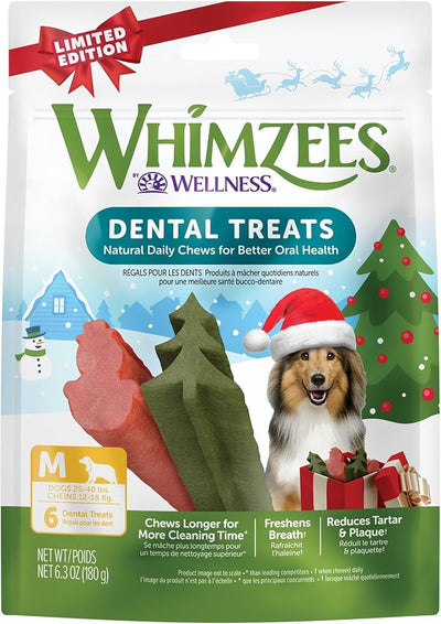 Wellness WHIMZEES Holiday Natural Dog Dental Treat, Christmas Winter Seasonal Gift, Chews, Freshens Breath, Medium Size, 6.3 oz Bag, 6 Count