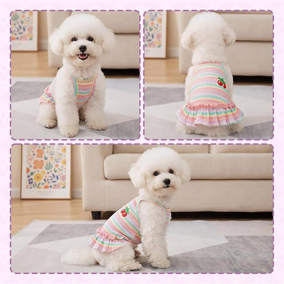 Jmkcoz Cute Striped Dog T Shirts Cherry Puppy Dress Soft Cotton Pet Sleeveless Vest Clothes Spring Summer Pet Outfits for Small Dogs Cats Girl (Pink, Medium)