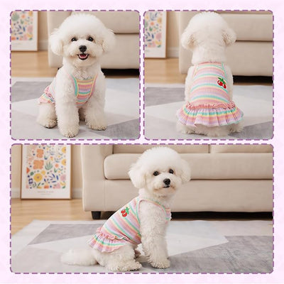 Jmkcoz Cute Striped Dog T Shirts Cherry Puppy Dress Soft Cotton Pet Sleeveless Vest Clothes Spring Summer Pet Outfits for Small Dogs Cats Girl (Pink, Large)