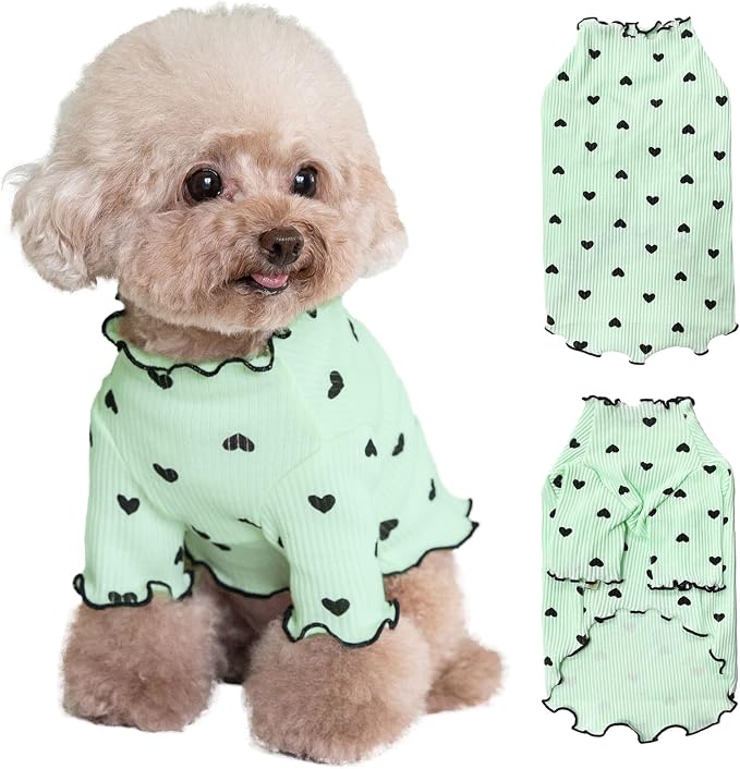 Pet Clothes for Small Dogs Cat Summer Fall Heart Print Shirt Stretchable Ruffle Long Sleeve Outfits for Chihuahua Schnauzer Shih Tzu Yorkie (Green, Large)