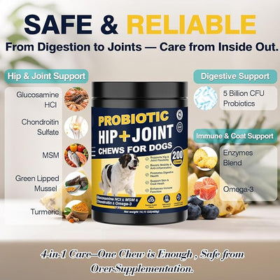 Hip and Joint Supplement for Dogs Probiotics Glucosamine Chondroitin MSM Chew for Dog Arthritis Pain Relief Extend Joint Care, Probiotic for Digestive/Gut Health for Large/Small/Senior - Peanut Butter