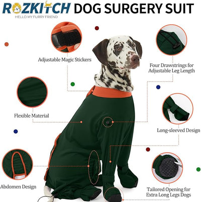 ROZKITCH Dog Recovery Suit for Spay/Neuter Surgery with Feet Covered, Soft Bodysuit for Wound Protection, Full Coverage, Prevent Licking Shedding & Hair Loss for Large Dogs Green 3XL