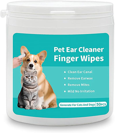 Vila Ear Finger Wipes for Dogs, Suitable for Cats, Pre-Moistened Cotton Sleeve, Grooming Accessory, Gentle Formula for Odor and Wax Management, Travel-Friendly, 50 Pcs. Per Pack
