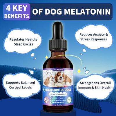 WEALLIN Melatonin for Dogs - Dog Melatonin with L-Theanine & Chamomile Bacon Flavor | Liquid Dog Melatonin with L-Theanine & Chamomile, Anxiety Relief & Calming, Relaxation & Sleep Support, Fast-Absorbing 60ML