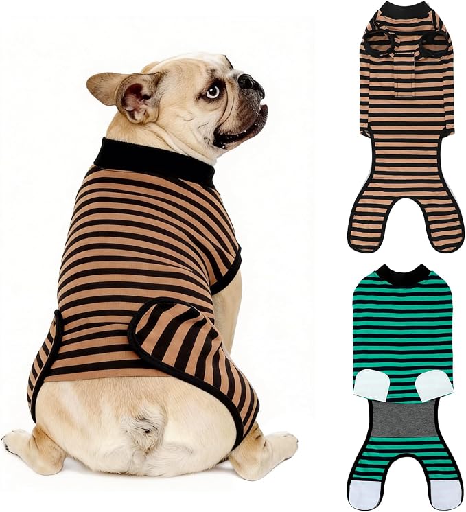 2 Packs Breathable Cotton Dog Recovery Suit for After Neuter Spay Abdominal Wounds Protector, Professional Anti-Licking Onesies for Male Female Pets Surgery Bandages, S Striped Yellow Green