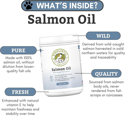 Wholistic Pet Organics Salmon Oil: Deep Sea Wild Alaskan Salmon Oil for Dogs - Omega 3 Dog Fish Oil with EPA and DHA for Skin, Coat, Heart and Nervous System Health (100 Capsules)
