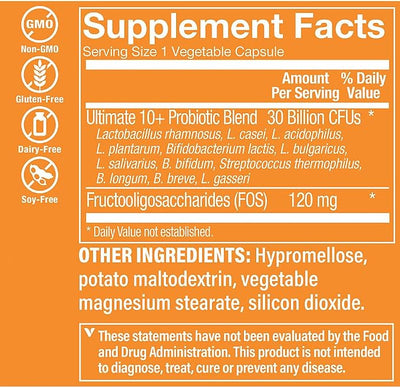 The Vitamin Shoppe Ultimate 10+ Probiotics 30 Billion CFU - 10 Probiotic Strains for Digestive Health, Immune & Gut Support (30 Vegetable Capsules)