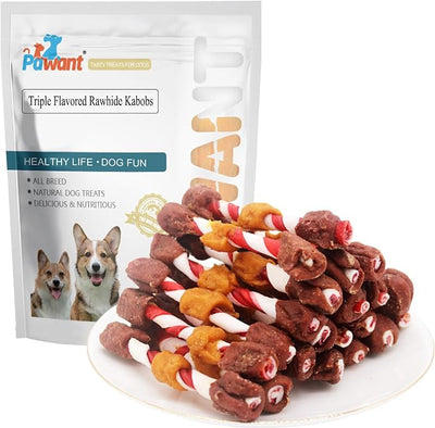 Triple Flavored Dog Kabobs, Rawhide Chews with Chicken Beef and Liver, High Protein 52% Puppy Training Snacks, 8 Ounces