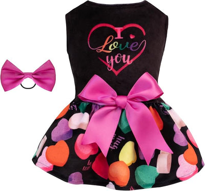 CuteBone I Love U Dress Velvet for Small Dogs Girl Puppy Dresses Black Dog Clothes