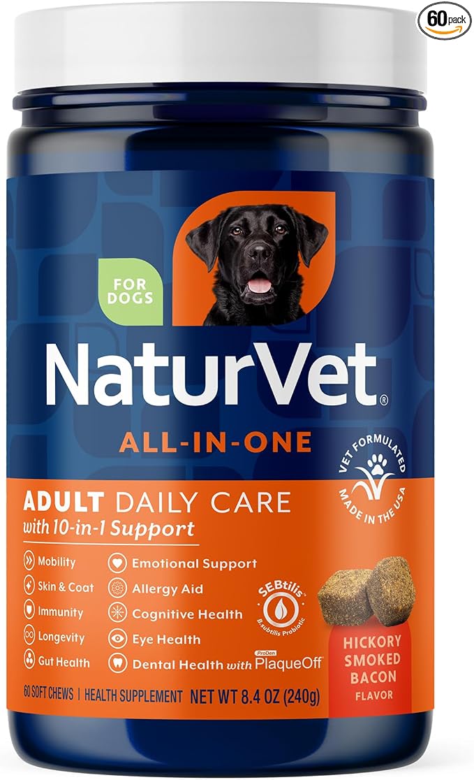 NaturVet All-in-One Adult Dog Daily Care, 10-in-1 Supplement Dog Soft Chews for Mobility, Skin, Digestion, Teeth, Cognition, Eyes, Hickory Smoked Bacon Flavored Pet Supplement for Dogs, 60 Count